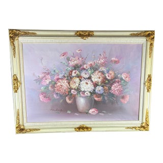 Mid-Century P. Keeling Large Impasto Floral Oil Painting in Ornate Frame, 43" X 31.5" For Sale