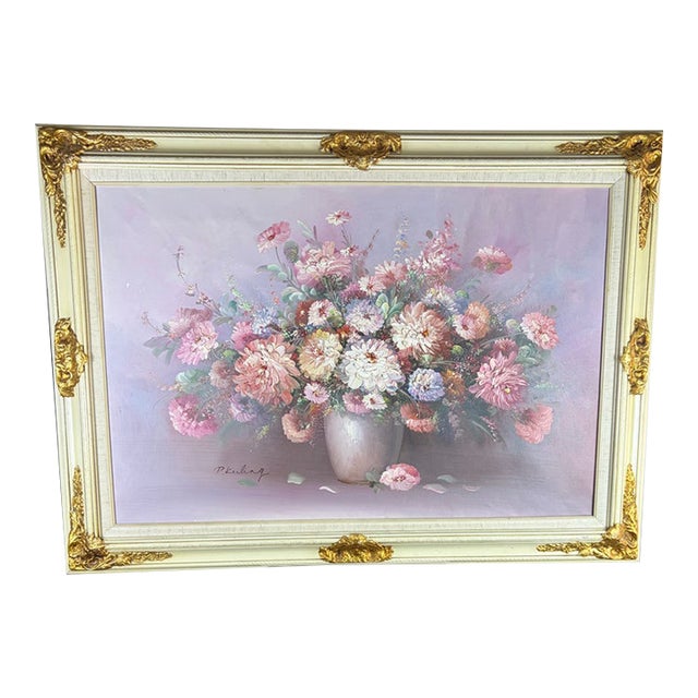 Mid-Century P. Keeling Large Impasto Floral Oil Painting in Ornate Frame, 43" X 31.5" For Sale