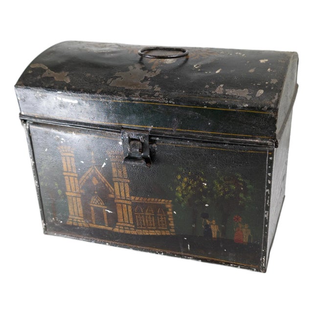 19th Century Folk Art Americana Primitive Toleware Document Box With Church and Figures For Sale