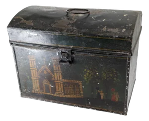 19th Century Folk Art Americana Primitive Toleware Document Box With Church and Figures