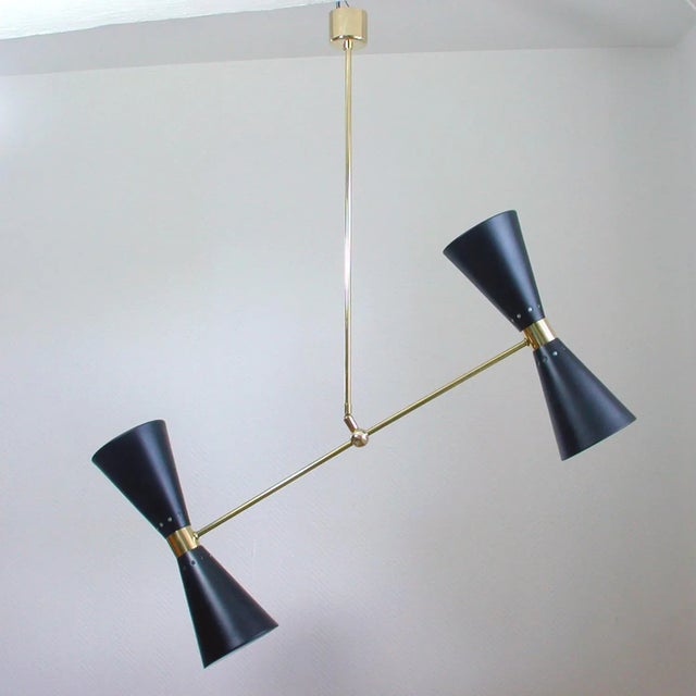 Mid-Century French Black Double Cone Diabolo Pendant Chandelier, 1950s For Sale - Image 4 of 15