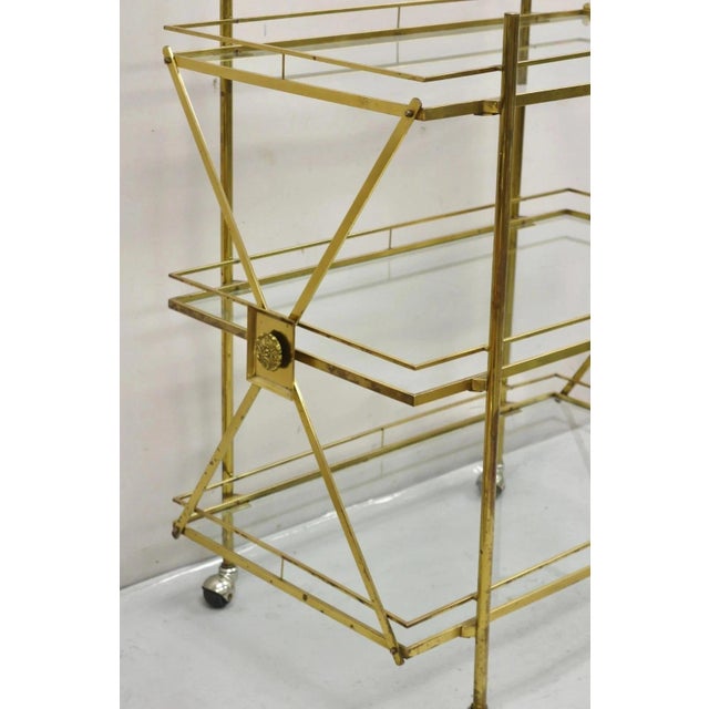 Mid Century Italian Modern 3 Tier Brass & Glass X-Frame Rolling Bar Cart Table For Sale - Image 4 of 12