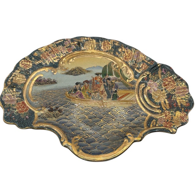 Black Vintage Satsuma Hand Painted Earthenware Platter With Scalloped Edges For Sale - Image 8 of 12