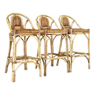 Late 20th Century Coastal Rattan With Rattan Weave Seats Barstools-Set of Three For Sale