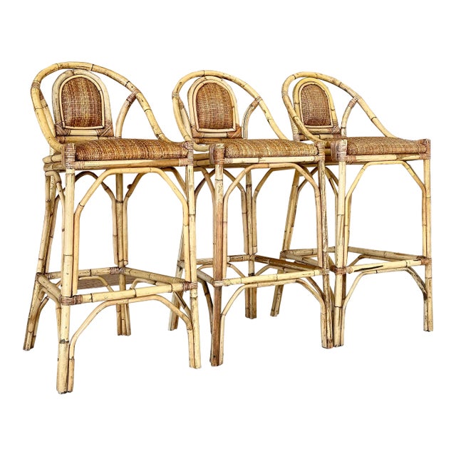 Late 20th Century Coastal Rattan With Rattan Weave Seats Barstools-Set of Three For Sale