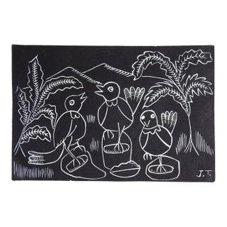 Vintage Mid 20th Century Jose Rey Toledo Birds Metate Woodcut For Sale