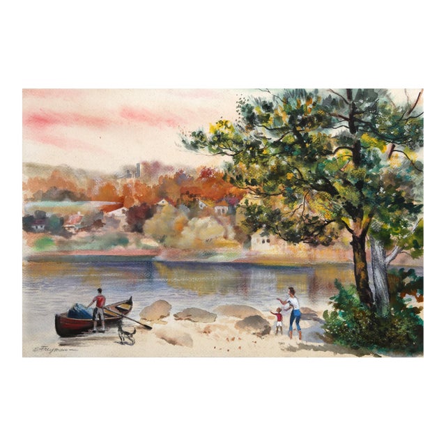 Fishing Time, Erik Freyman Watercolor With Pastels on Paper, Signed in Pen For Sale