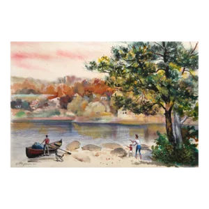 Fishing Time, Erik Freyman Watercolor With Pastels on Paper, Signed in Pen