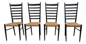 Mid 20th Century Chiavari Italian Gio Ponti Style Ebonised High Ladder Back Straw Seat Dining Side Chairs- Set of 4