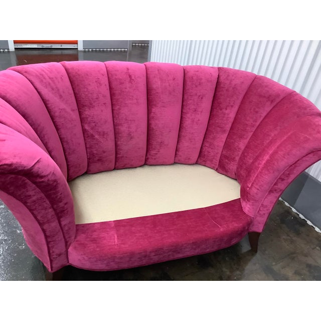 1940s Pink Velvet Upholstered Loveseat With Tufted Back and Decorative Floral Pillows For Sale - Image 9 of 11