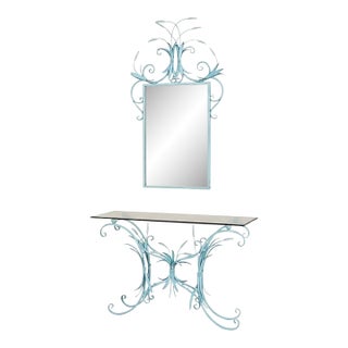 Hollywood Regency Era Wheat Form Tole Blue and White Console Table & Mirror For Sale