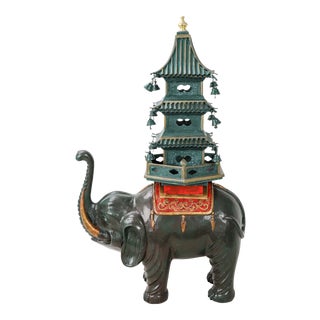 Dark Green Elephant Carrying Pagoda Sculpture For Sale