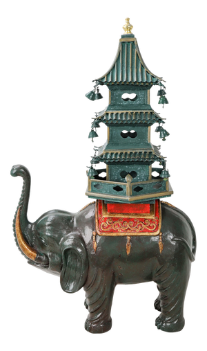 Dark Green Elephant Carrying Pagoda Sculpture