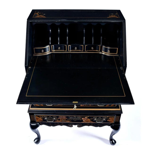 Black Lacquer Hand Painted Asian Chinoiserie Black Lacquer Secretary Writing Desk For Sale - Image 6 of 16