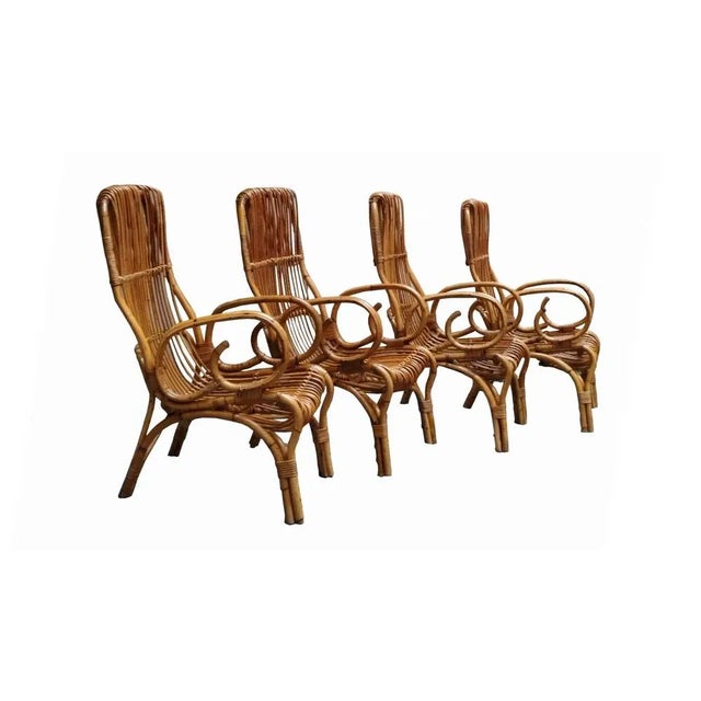 Rattan Round Dining Table Set with Matching Chairs by Franco Albini, Italy, 1960s, Set of 5 For Sale - Image 3 of 9