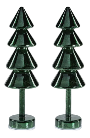 Crimbo 15.75" Green Sparkle Layered Cone LED Trees, Set of 2