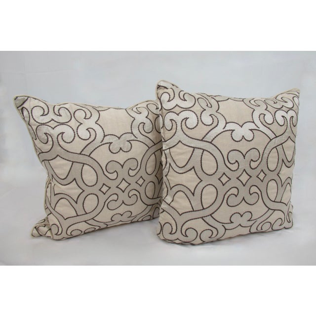 Schumacher Schumaker Embroidered Linen & Viscose Pillows With Feather & Down Fill Inserts - A Pair For Sale - Image 4 of 13