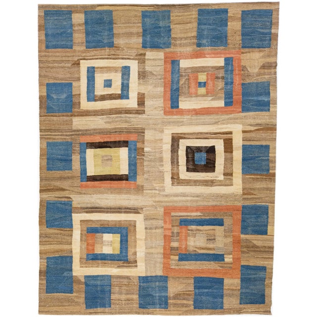 Textile 2020s Mid-Century Modern Style Kilim Wool Rug With Brown Field For Sale - Image 7 of 7
