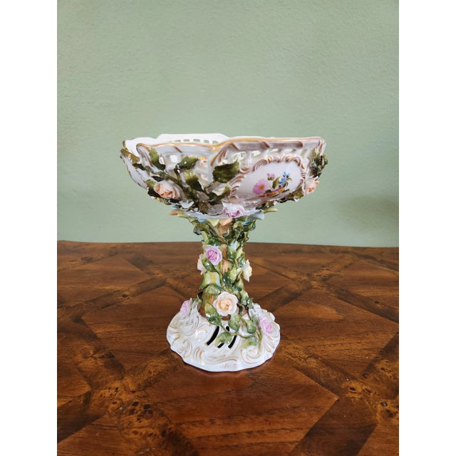 Antique Late 19th Century Thuringian Pedestal Fruit Bowl, Reticulated With Raised Flowers For Sale - Image 13 of 13