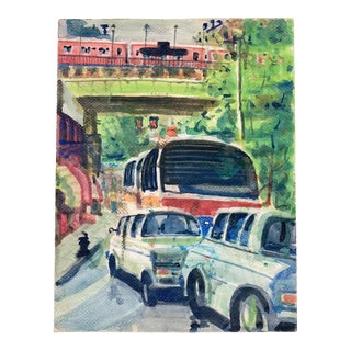 Vintage Original Painting Watercolor City Wall Art Cityscape Train Cars Bus For Sale