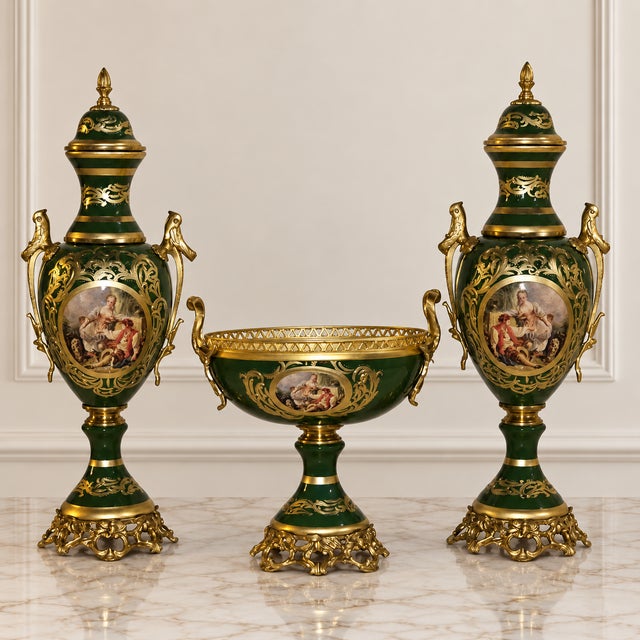 Elegant three-piece French-style porcelain garniture set featuring two matching covered vases and a coordinating central...