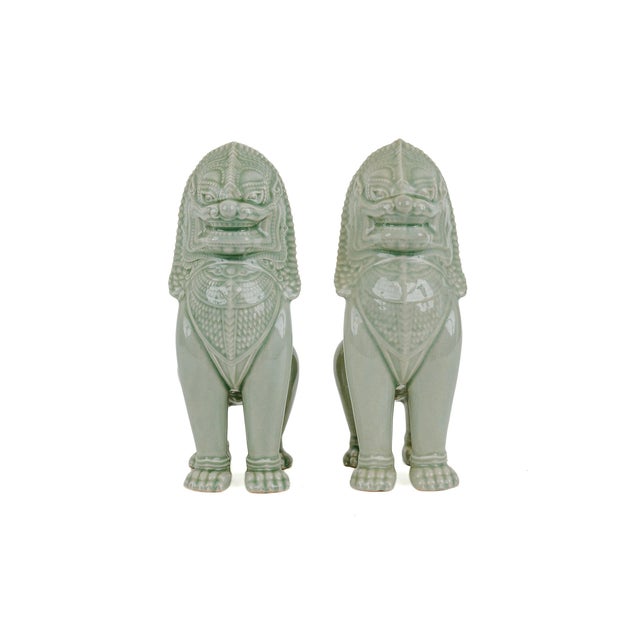 Mid-Century Modern Vintage Thai Singha Lion Foo Dog Statues in Celadon For Sale - Image 3 of 12