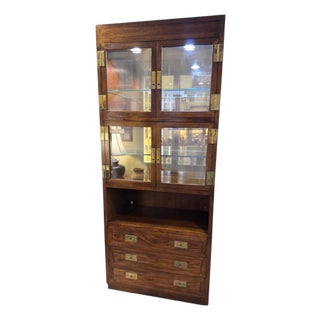 1970s Henredon Scene One Campaign Oak Lighted Display and Bar Cabinet For Sale