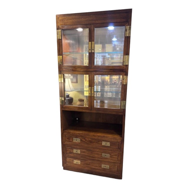 1970s Henredon Scene One Campaign Oak Lighted Display and Bar Cabinet For Sale