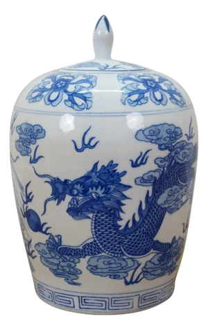 Chinese Chinoiserie Blue & White Porcelain Dragon Ginger Jar Mantel Vase Urn 11"
