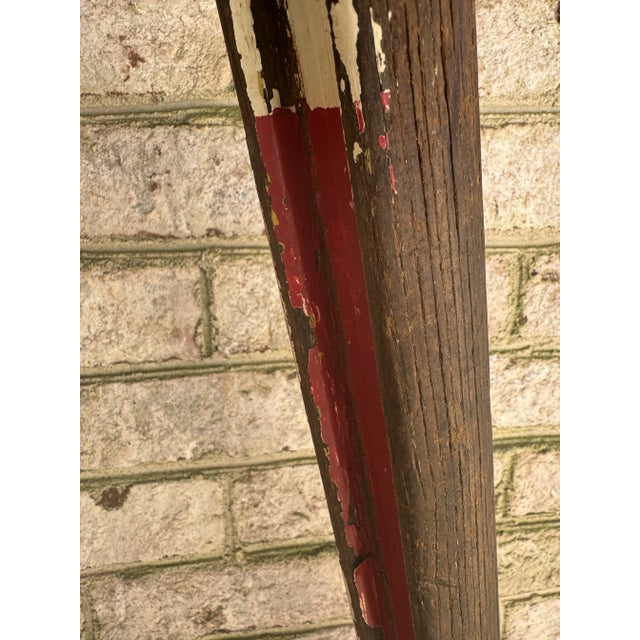 Vintage Rustic Wood Tripod Lamp With Red and White Chippy Paint Detail For Sale - Image 12 of 12