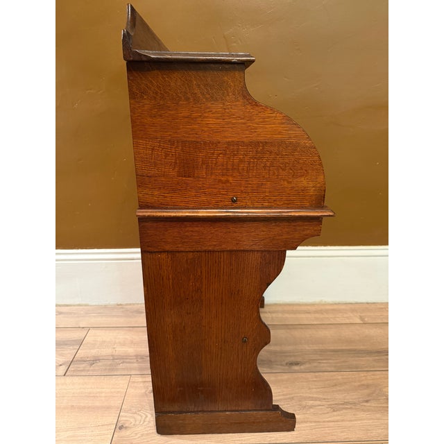 Antique Quarter Sawn Solid Oak Child's Roll Top Trestle Desk - Original Brass For Sale - Image 11 of 13