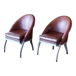Vintage Club Chairs With Faux Ostrich Leather Upholstery in Brown With Studs and Curved Bleached Wood Legs, a Pair For Sale