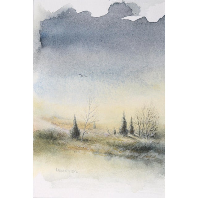 Impressionist Delicate Vintage Winter Watercolor Landscape For Sale - Image 3 of 6
