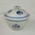 Vintage ceramic lidded bowl features a classic blue and white color palette with intricate crane medallions and geometric...