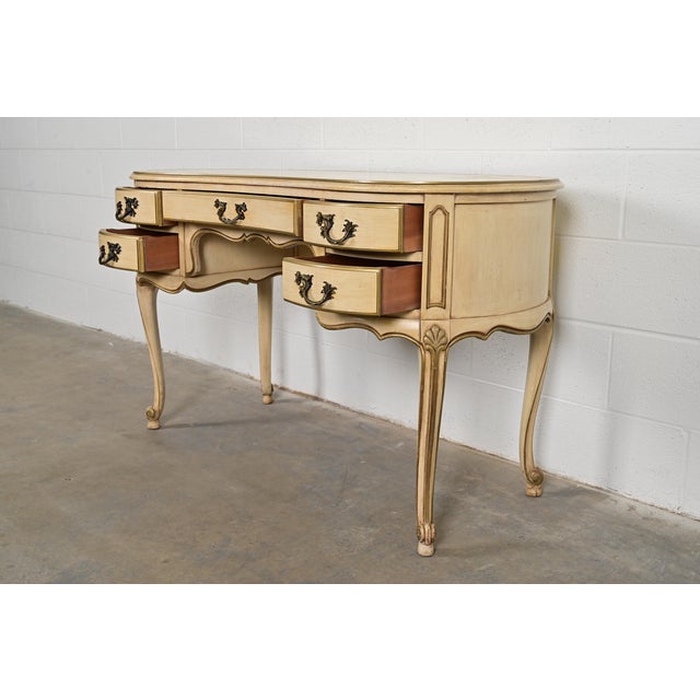 Wood John Widdicomb Style French Provincial Louis XV Cream Lacquered and Gold Gilt Leather Top Ladies Writing Desk and Chair, Circa 1950s For Sale - Image 7 of 15