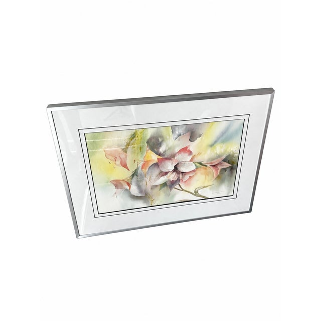 Metal 1989 Signed Abstract Floral Watercolor in New Silver-Tone Frame For Sale - Image 7 of 16
