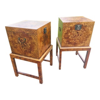 Vintage Burled Walnut Trompe L’oeil Trunks on Stands - a Pair For Sale