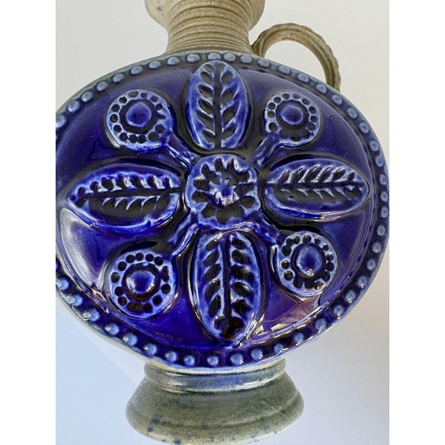 Ceramic Mid-Century Modern German Cobalt Blue Relief Ceramic Vase by Jasba, 1960s For Sale - Image 7 of 13