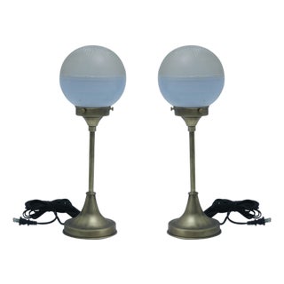 1930s Deco Period Art Glass Shade Table Lamps on Brass Stems - a Pair For Sale