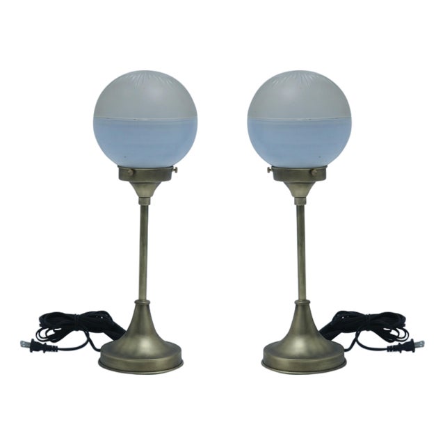 1930s Deco Period Art Glass Shade Table Lamps on Brass Stems - a Pair For Sale