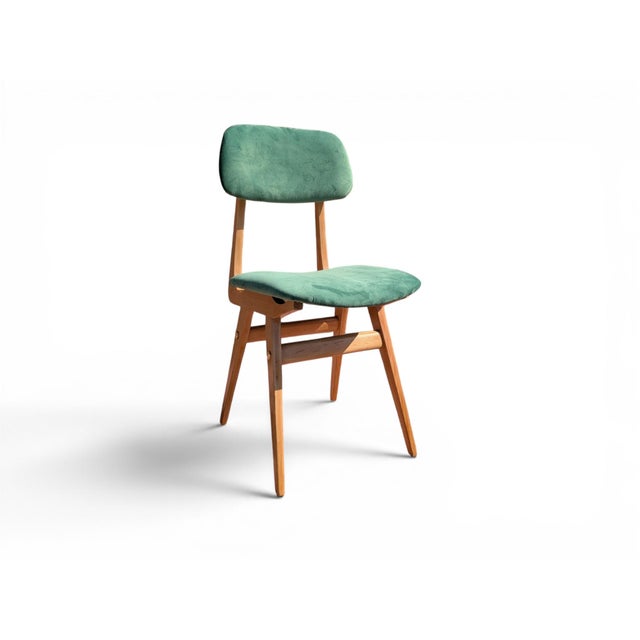 Chairs in Maple Wood and Sea Green Velvet, 1950s, Set of 6 For Sale - Image 5 of 14