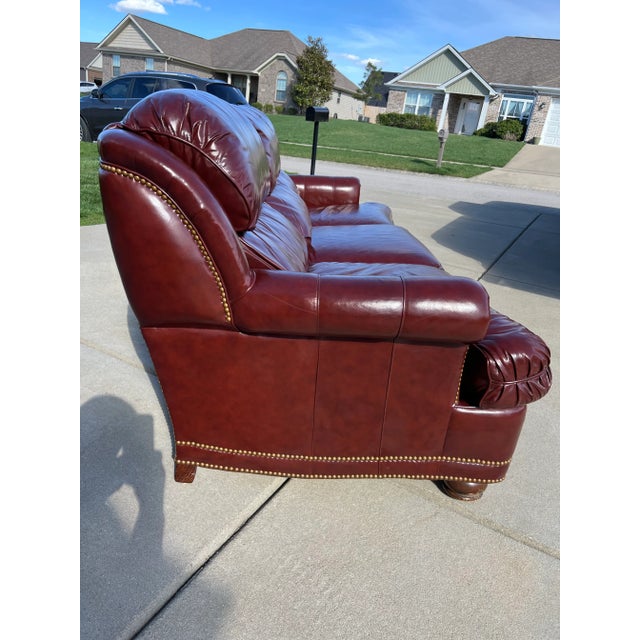 Hancock & Moore Late 20th Century Quality Hancock & Moore Austin 3 Cushion Red Leather Sofa With Brass Nailhead Trim and Round Wooden Bun Feet For Sale - Image 4 of 12