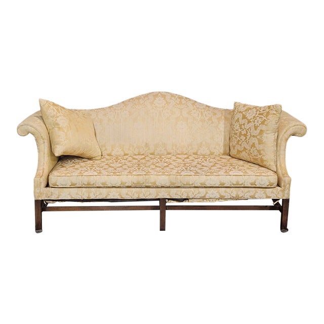 Mid 20th Century Kittinger Williamsburg Mahogany Chippendale Sofa Yellow Silk Schumacher Fabric For Sale