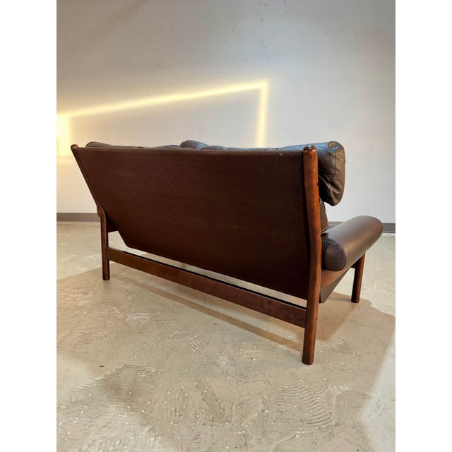 Wood Arne Norell Style Vintage Brown Leather Safari Loveseat Sofa For Sale - Image 7 of 12