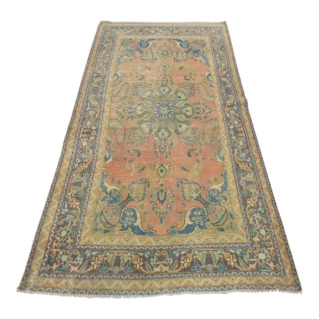 Tabriz Rug 4'9'' X 8'5'' Pink Wool Vintage Distressed Hand-Knotted Carpet For Sale