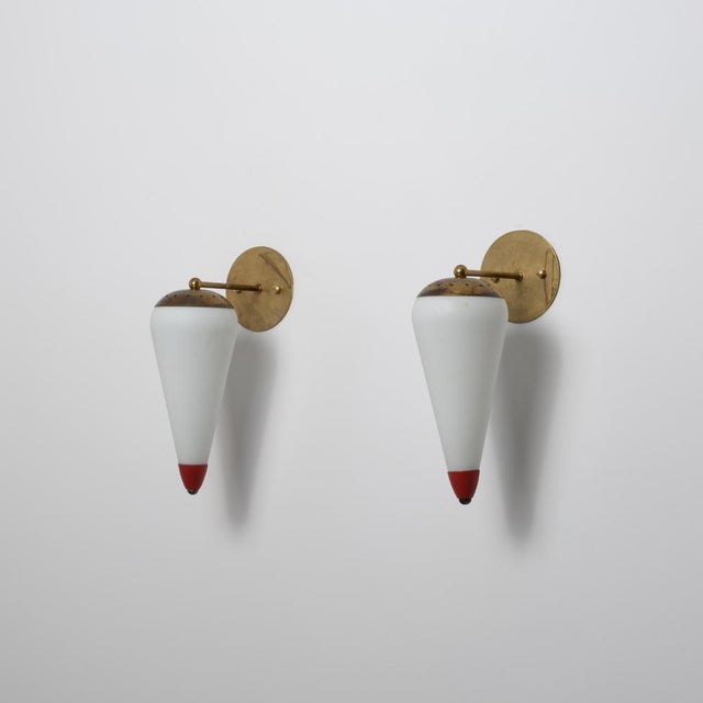 Large Italian Wall Sconces in Brass, Red Metal and Opaline Glass, 1950s, Set of 2 For Sale - Image 13 of 15