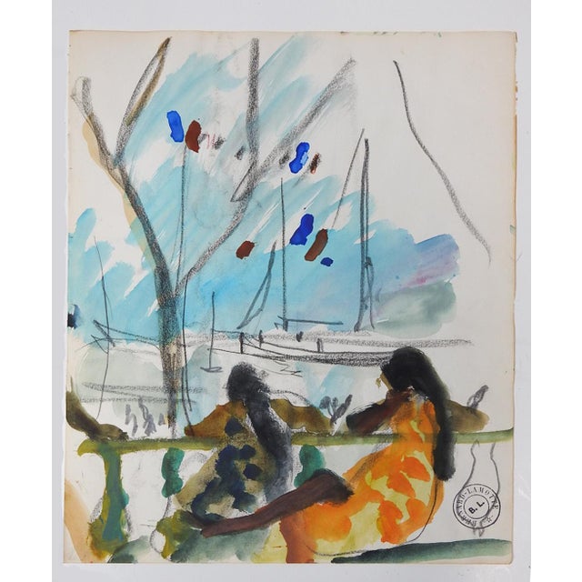 French Early 20th Century Women Watching Tahitian Harbor Watercolor Painting For Sale - Image 3 of 3