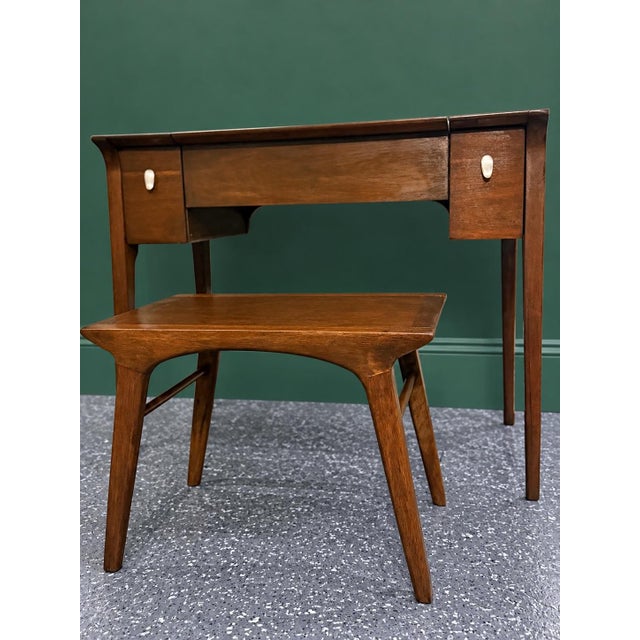 1960s Mid-Century Drexel Profile Walnut Vanity and Matching Stool by John Van Koert Cir. 1960 For Sale - Image 5 of 12