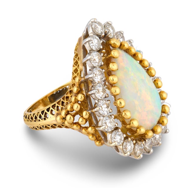 Vintage Opal Diamond 18k Yellow Gold Cocktail Ring, Size 6 For Sale - Image 4 of 6