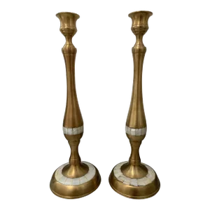 1970s Brass Mother of Pearl Candle Holders - a Pair